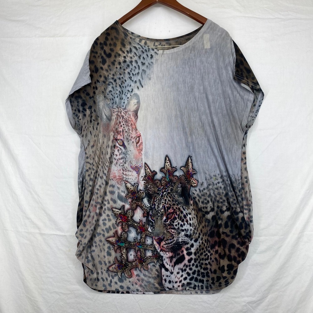 Superline Leopard Graphic Top Rhinestone Embellished Animal Print Grey Brown XL
